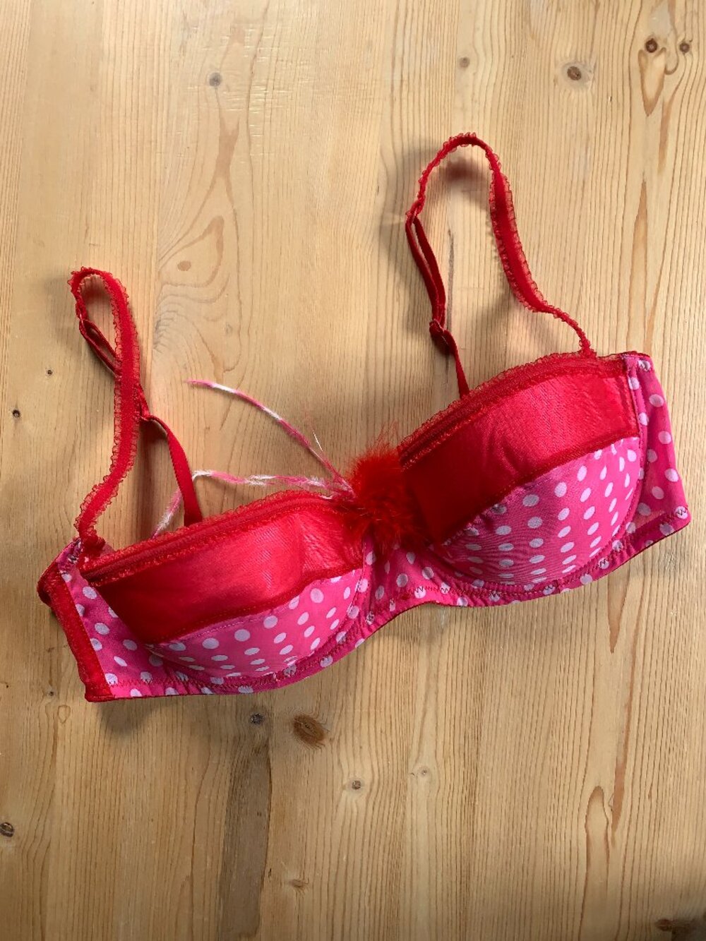 Pink Polka Dot Red Satin Push-Up Bra Feather Trim Coquette Valentine's Lingerie